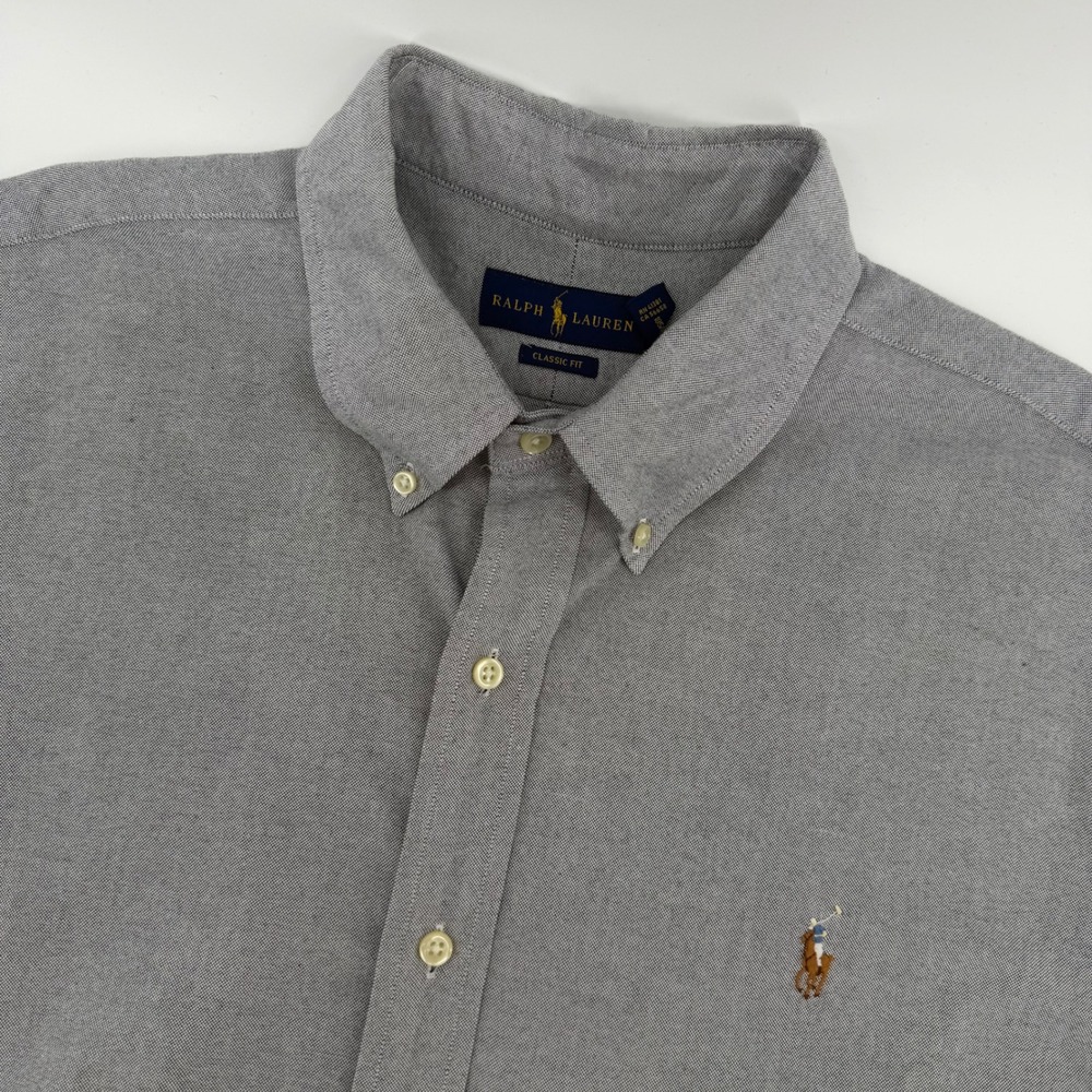 Ralph Lauren Button Down Shirt Mens XL Grey Short Sleeve Classic Fit Oxford